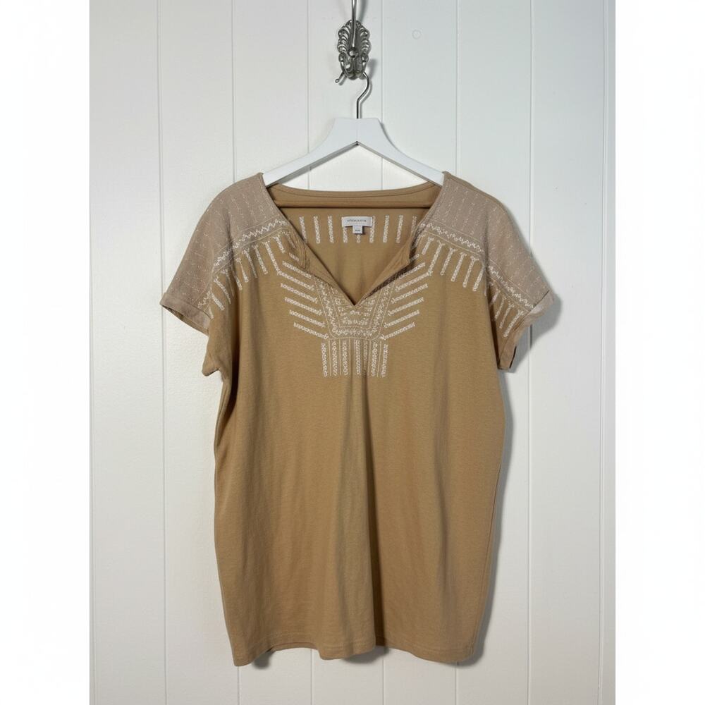 Purejill Elements Embroidered V Neck Top Women's M Tan Cotton Linen Blend Tee - Picture 2 of 7